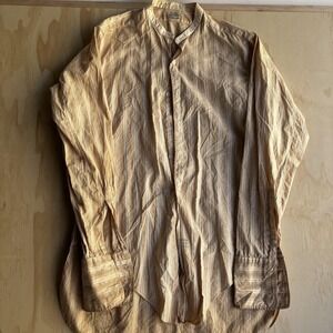 Vintage Excello Dress Shirt Mens Large Beige Stripe Band Collar Long Sleeve